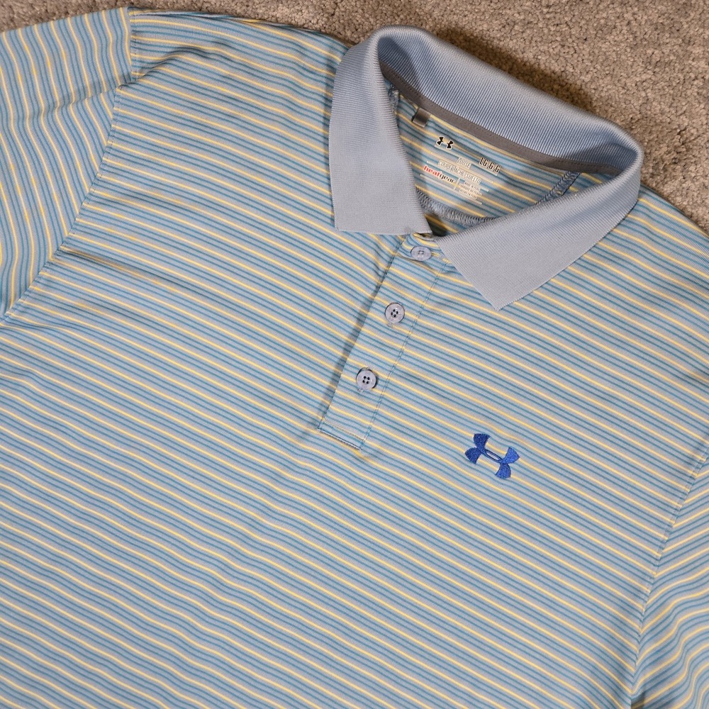 Under Armour Heatgear Polo Mens Large Blue Yellow Striped Performance Golf Polo